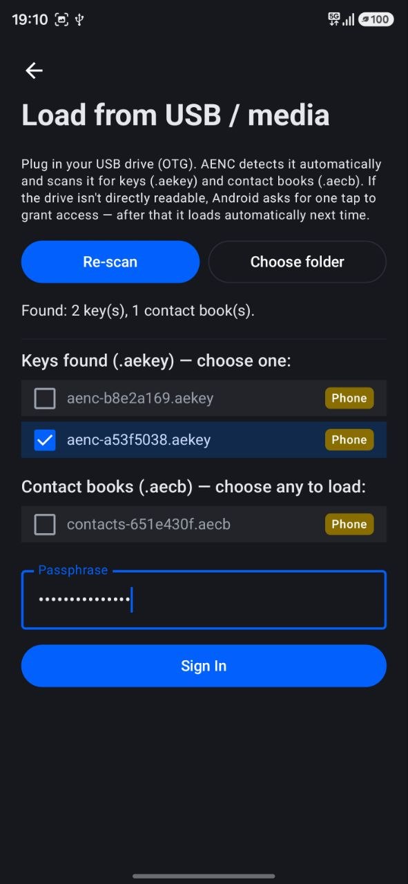 Load from USB or media, pick key and sign in