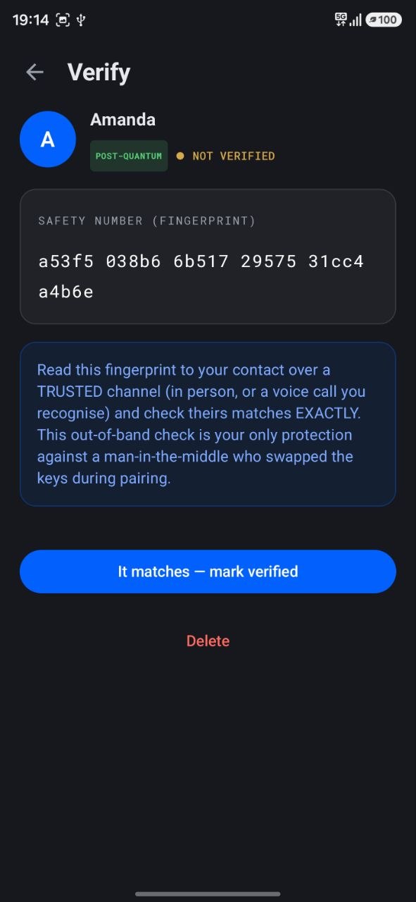 Verify screen, safety number, not verified