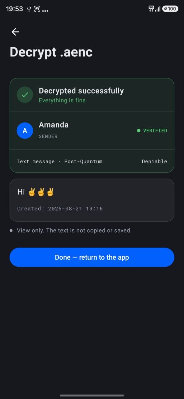 Decrypt result, sender verified, message shown